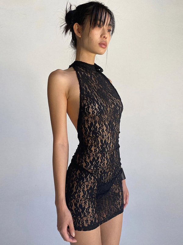 Night Out Dresses Black Floral Print Sleeveless Halter Sheer Summer Dress