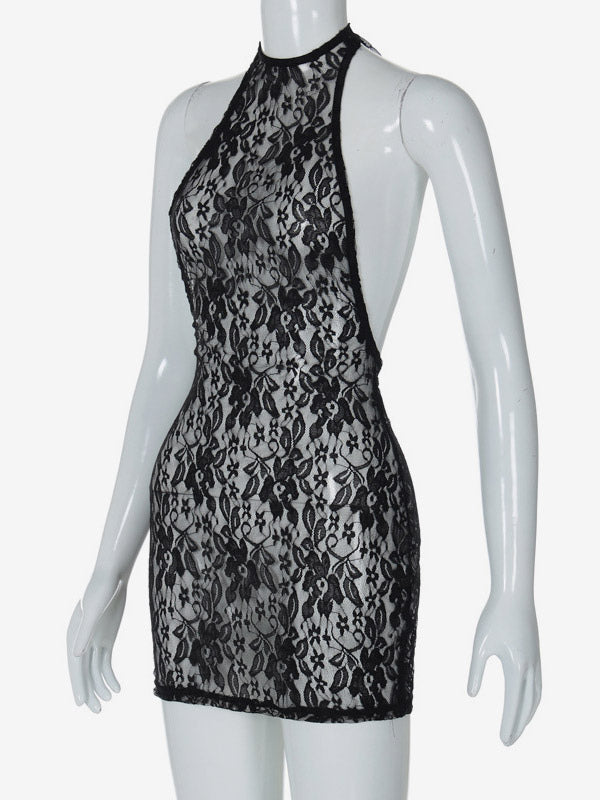 Night Out Dresses Black Floral Print Sleeveless Halter Sheer Summer Dress