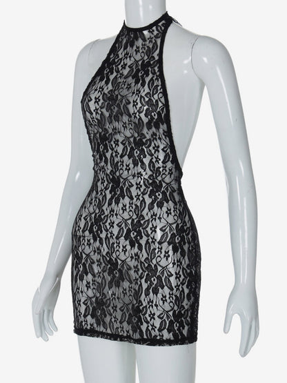 Night Out Dresses Black Floral Print Sleeveless Halter Sheer Summer Dress