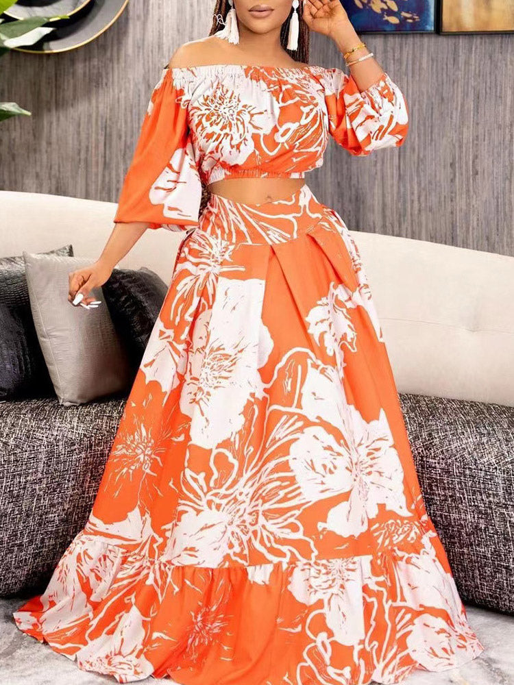 Two Piece Sets Green Elegant Beach Jewel Neck Puff Sleeves Half Sleeves Skirt Set