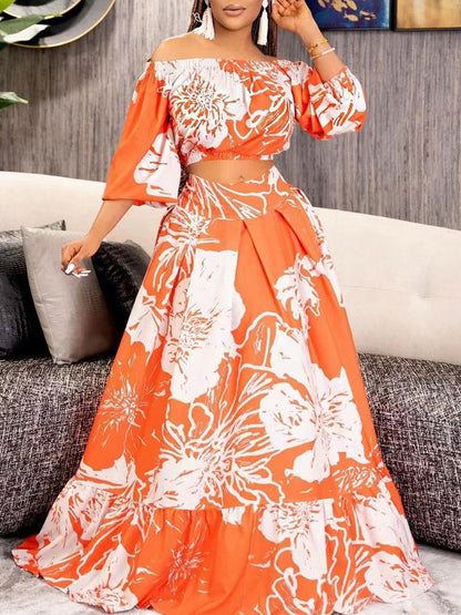 Two Piece Sets Green Elegant Beach Jewel Neck Puff Sleeves Half Sleeves Skirt Set