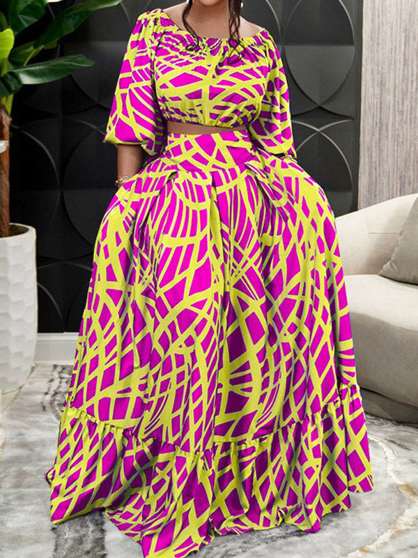 Two Piece Sets Green Elegant Beach Jewel Neck Puff Sleeves Half Sleeves Skirt Set