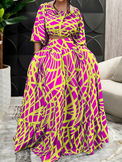 Two Piece Sets Green Elegant Beach Jewel Neck Puff Sleeves Half Sleeves Skirt Set