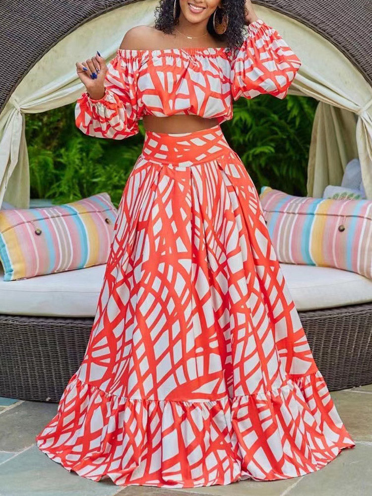 Two Piece Sets Green Elegant Beach Jewel Neck Puff Sleeves Half Sleeves Skirt Set