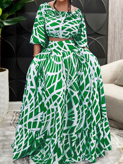 Two Piece Sets Green Elegant Beach Jewel Neck Puff Sleeves Half Sleeves Skirt Set