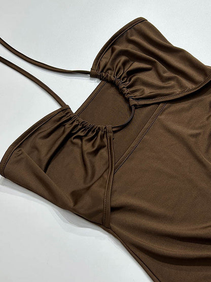 Night Out Dresses Deep Brown Polyester Sleeveless Halter Backless Summer Dress