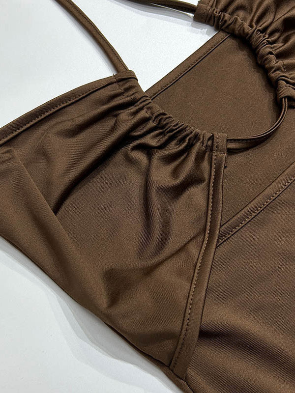 Night Out Dresses Deep Brown Polyester Sleeveless Halter Backless Summer Dress