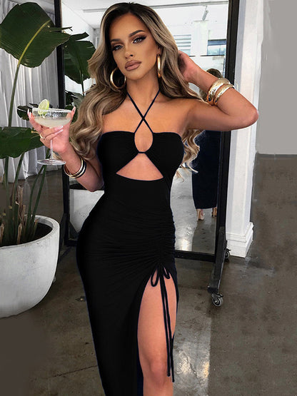 Night Out Dresses Deep Brown Polyester Sleeveless Halter Backless Summer Dress