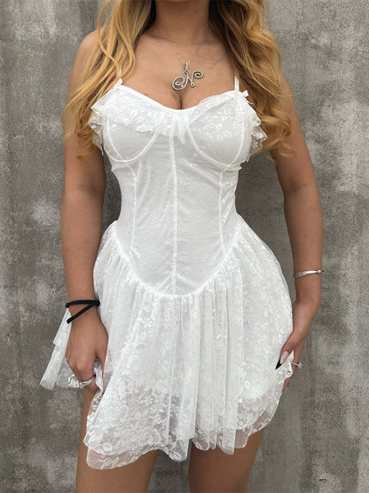 Date Night Dresses Mini Backless Lace Up Lace Sleeveless V-Neck Sexy White Dress