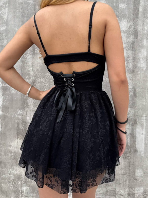 Date Night Dresses Mini Backless Lace Up Lace Sleeveless V-Neck Sexy White Dress
