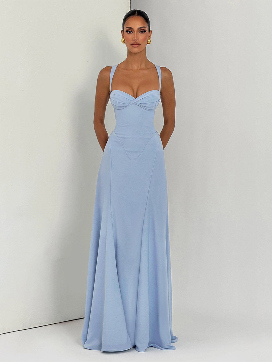 Party Dress Maxi Beige Halter Pleated Sleeveless Backless Chic Semi Formal Dress