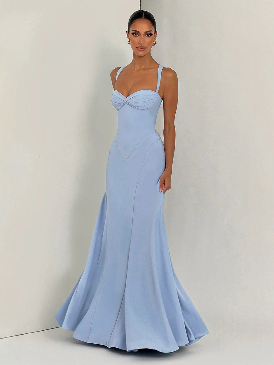 Party Dress Maxi Beige Halter Pleated Sleeveless Backless Chic Semi Formal Dress