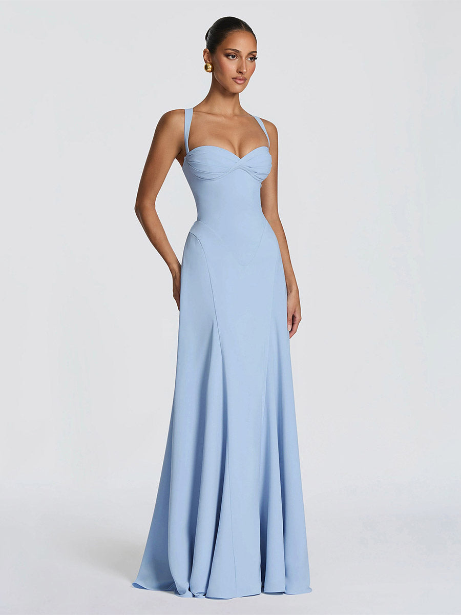 Party Dress Maxi Beige Halter Pleated Sleeveless Backless Chic Semi Formal Dress
