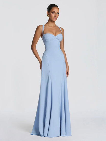 Party Dress Maxi Beige Halter Pleated Sleeveless Backless Chic Semi Formal Dress