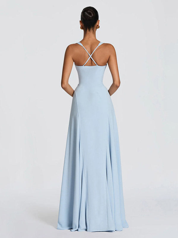 Party Dress Maxi Beige Halter Pleated Sleeveless Backless Chic Semi Formal Dress