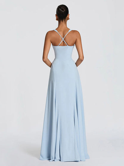 Party Dress Maxi Beige Halter Pleated Sleeveless Backless Chic Semi Formal Dress