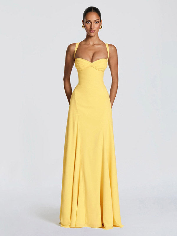 Party Dress Maxi Beige Halter Pleated Sleeveless Backless Chic Semi Formal Dress