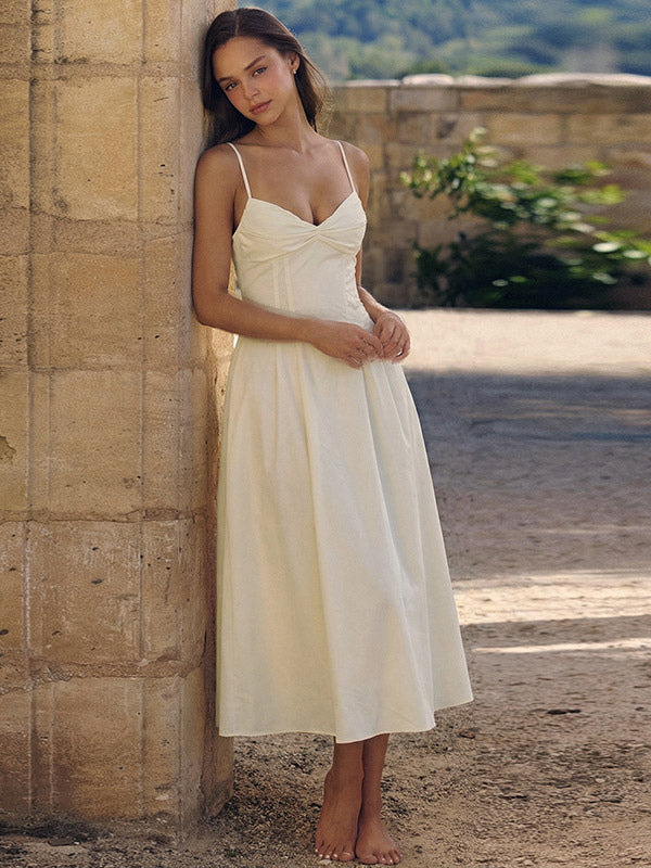 Daily Dresses Maxi Sleeveless Straps Neck Raised Waist Sexy Backless Pleated Apricot Dress