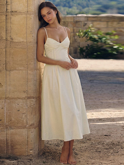 Daily Dresses Maxi Sleeveless Straps Neck Raised Waist Sexy Backless Pleated Apricot Dress