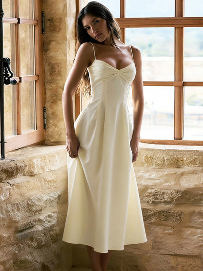 Daily Dresses Maxi Sleeveless Straps Neck Raised Waist Sexy Backless Pleated Apricot Dress