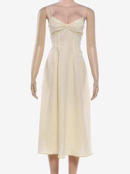 Daily Dresses Maxi Sleeveless Straps Neck Raised Waist Sexy Backless Pleated Apricot Dress