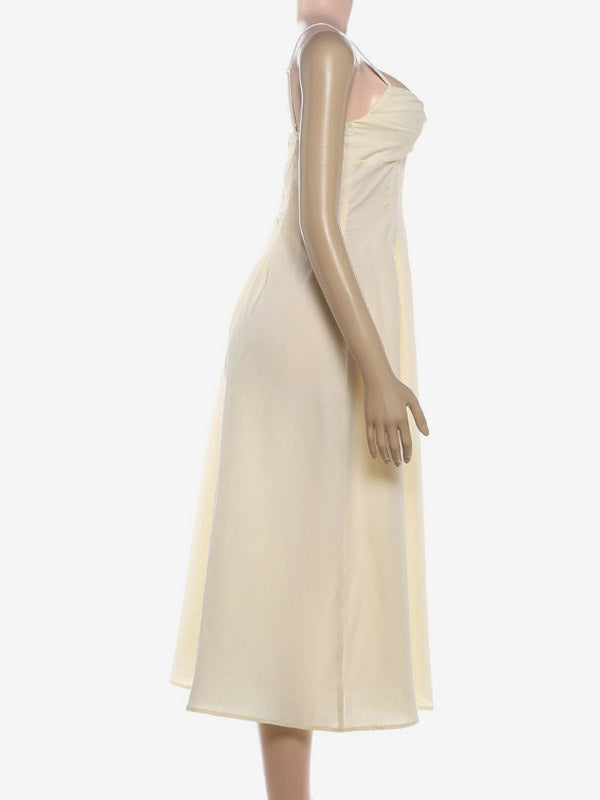Daily Dresses Maxi Sleeveless Straps Neck Raised Waist Sexy Backless Pleated Apricot Dress