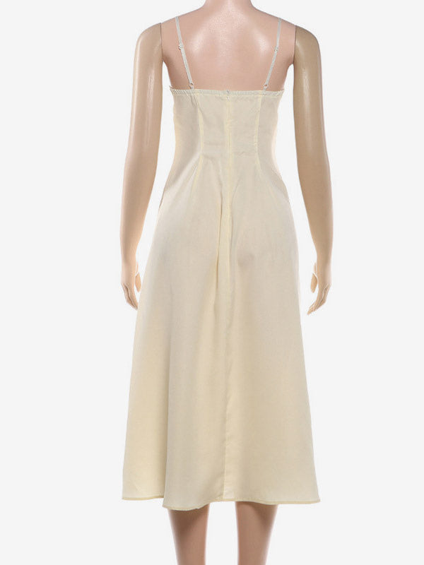 Daily Dresses Maxi Sleeveless Straps Neck Raised Waist Sexy Backless Pleated Apricot Dress