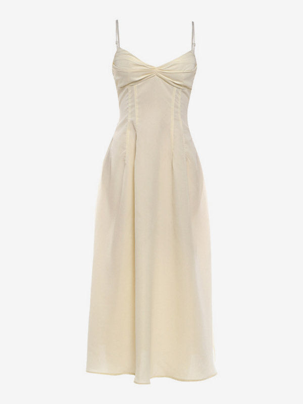 Daily Dresses Maxi Sleeveless Straps Neck Raised Waist Sexy Backless Pleated Apricot Dress