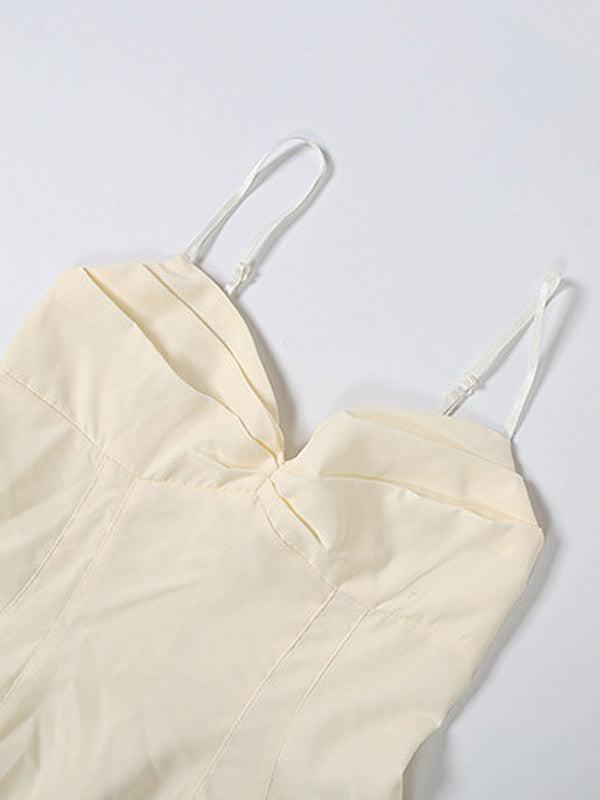 Daily Dresses Maxi Sleeveless Straps Neck Raised Waist Sexy Backless Pleated Apricot Dress