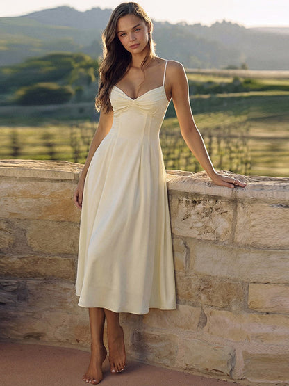 Daily Dresses Maxi Sleeveless Straps Neck Raised Waist Sexy Backless Pleated Apricot Dress