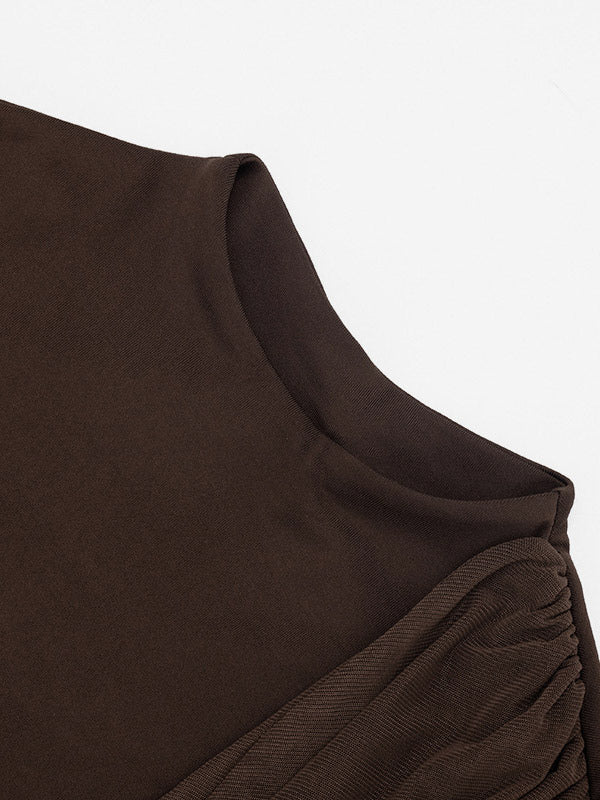 Party Dress Mini Brown Jewel Neck Pleated Sleeveless Backless Sexy Semi Formal Dress
