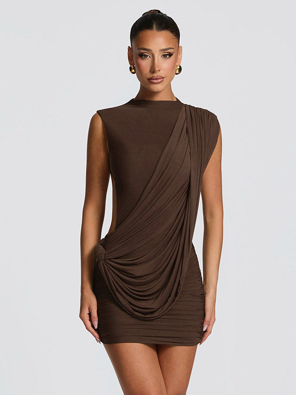 Party Dress Mini Brown Jewel Neck Pleated Sleeveless Backless Sexy Semi Formal Dress