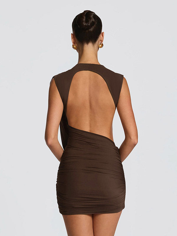 Party Dress Mini Brown Jewel Neck Pleated Sleeveless Backless Sexy Semi Formal Dress