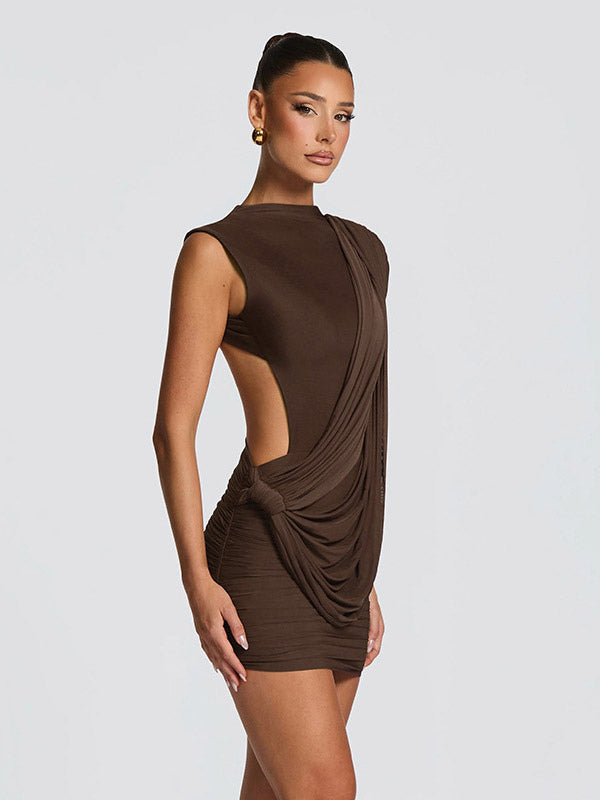 Party Dress Mini Brown Jewel Neck Pleated Sleeveless Backless Sexy Semi Formal Dress