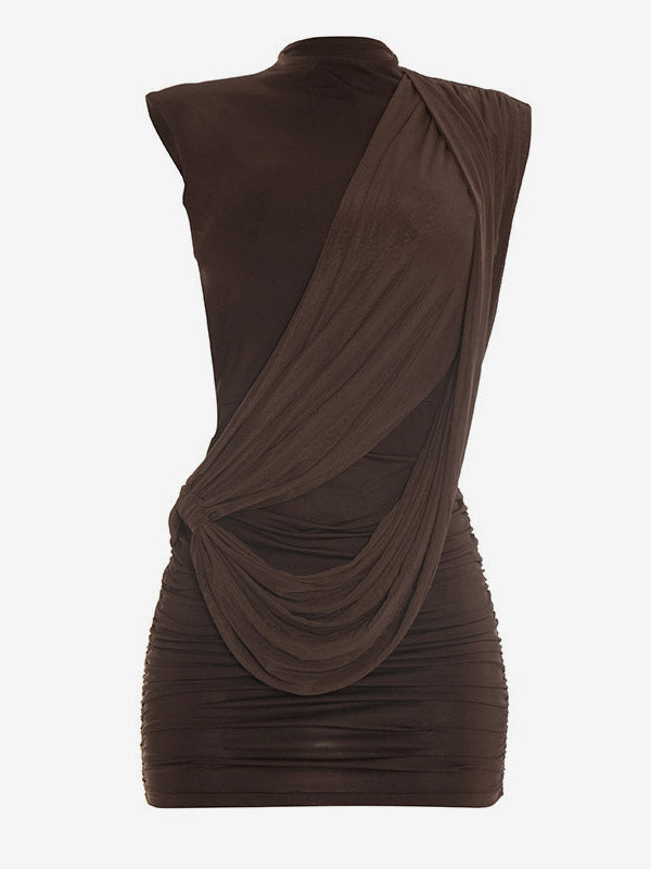 Party Dress Mini Brown Jewel Neck Pleated Sleeveless Backless Sexy Semi Formal Dress