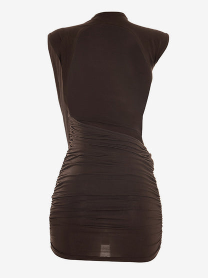 Party Dress Mini Brown Jewel Neck Pleated Sleeveless Backless Sexy Semi Formal Dress