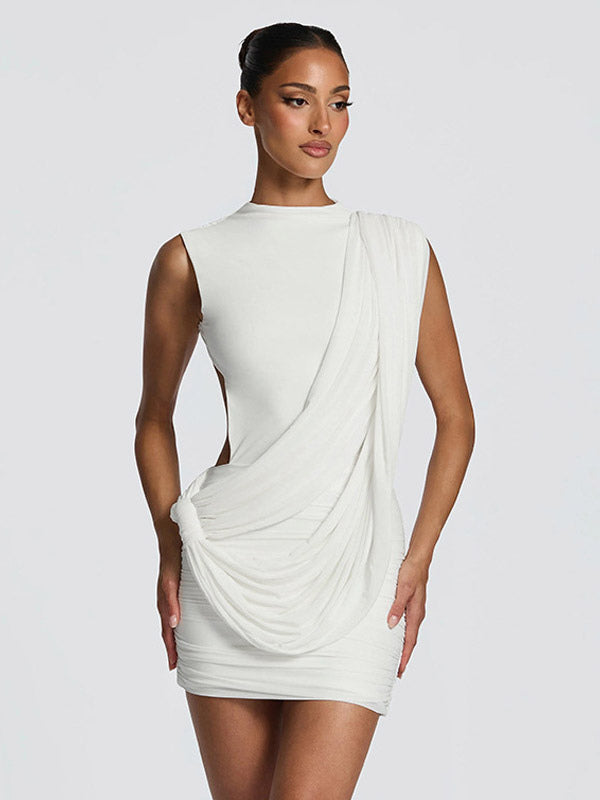 Party Dress Mini Brown Jewel Neck Pleated Sleeveless Backless Sexy Semi Formal Dress