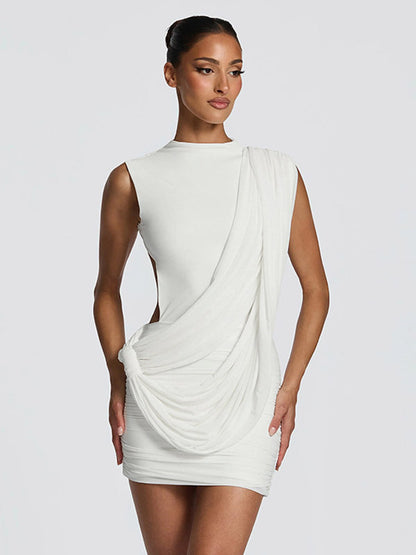 Party Dress Mini Brown Jewel Neck Pleated Sleeveless Backless Sexy Semi Formal Dress