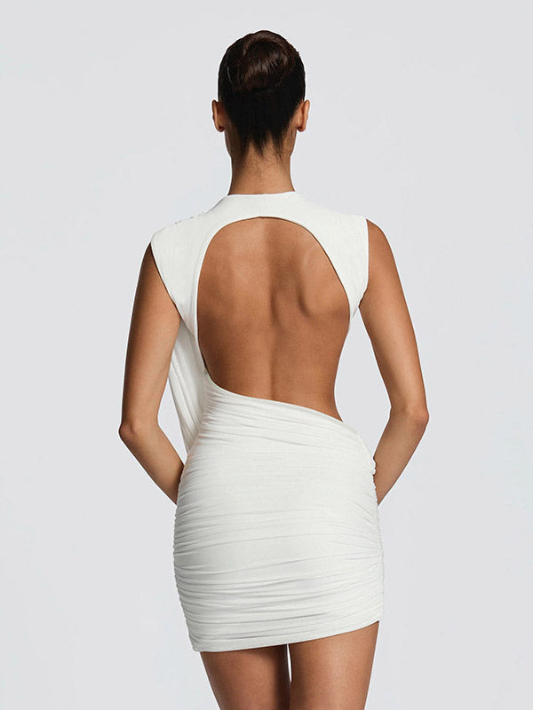 Party Dress Mini Brown Jewel Neck Pleated Sleeveless Backless Sexy Semi Formal Dress