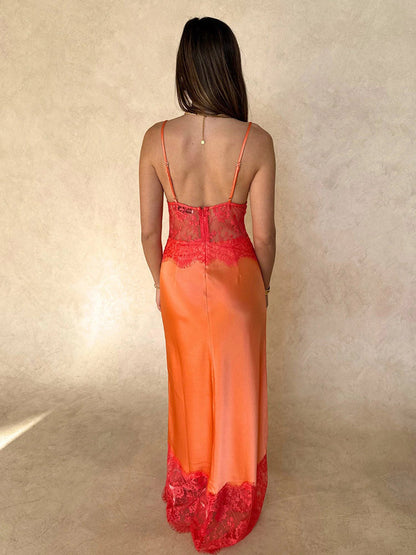 Daily Dresses For Women Maxi Orange Backless Ruffles Sleeveless Straps Neck Dress