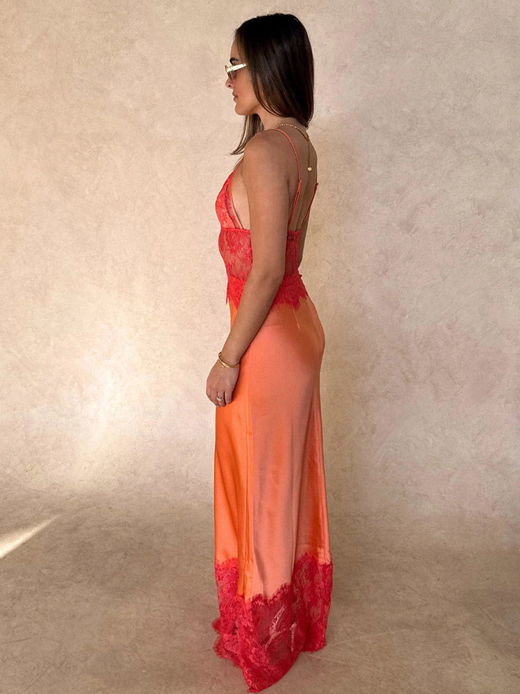 Daily Dresses For Women Maxi Orange Backless Ruffles Sleeveless Straps Neck Dress
