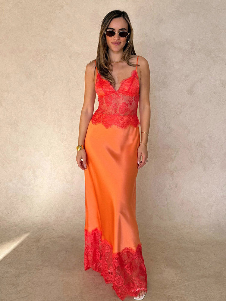 Daily Dresses For Women Maxi Orange Backless Ruffles Sleeveless Straps Neck Dress
