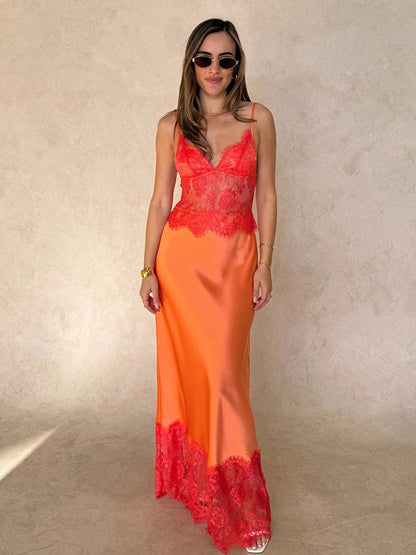 Daily Dresses For Women Maxi Orange Backless Ruffles Sleeveless Straps Neck Dress