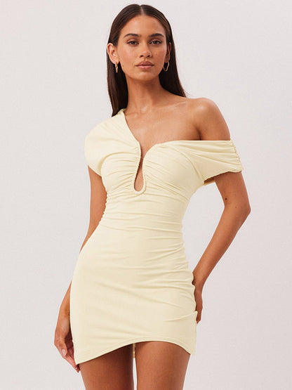 Party Dress Mini Brown One-Shoulder Pleated Backless Sexy Semi Formal Dress