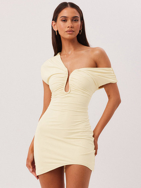Party Dress Mini Brown One-Shoulder Pleated Backless Sexy Semi Formal Dress