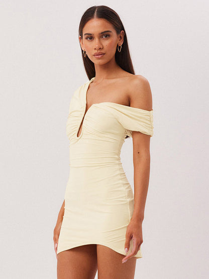 Party Dress Mini Brown One-Shoulder Pleated Backless Sexy Semi Formal Dress