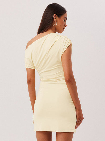 Party Dress Mini Brown One-Shoulder Pleated Backless Sexy Semi Formal Dress