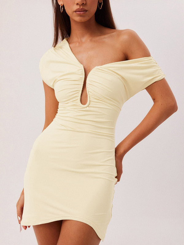 Party Dress Mini Brown One-Shoulder Pleated Backless Sexy Semi Formal Dress