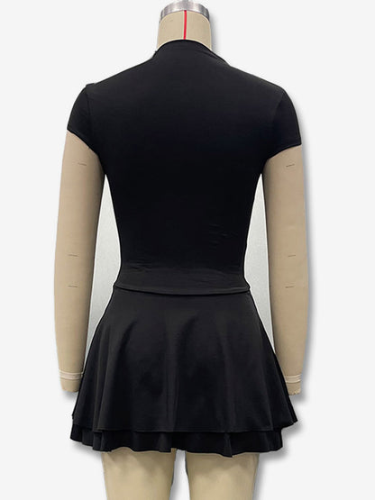 Party Dress Mini Khaki High Collar Pleated Short Sleeves Clothes Sexy Semi Formal Dress