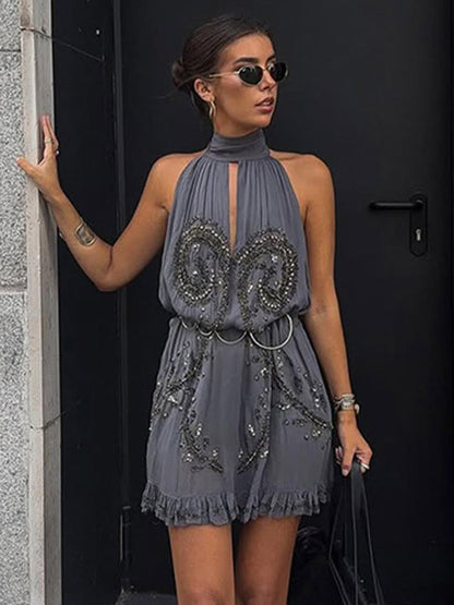 Party Dress Mini Halter Lace Up Sleeveless Clothes Sexy Semi Formal Dress